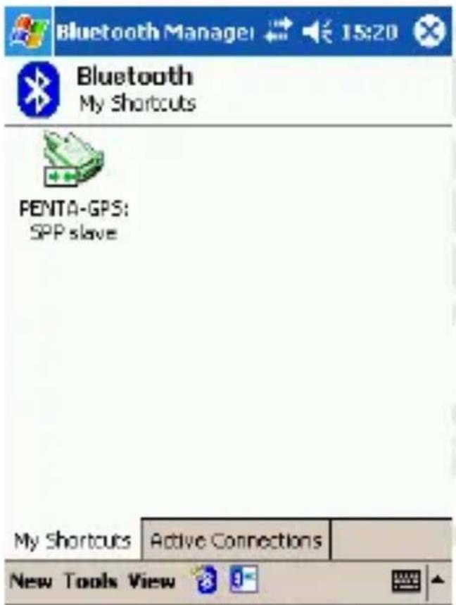 Bluetooth Manager 15:20 Bluetooth My Shortcuts FENTA-GPS: SPP slave My Shortcuts Active Connections New Tools View