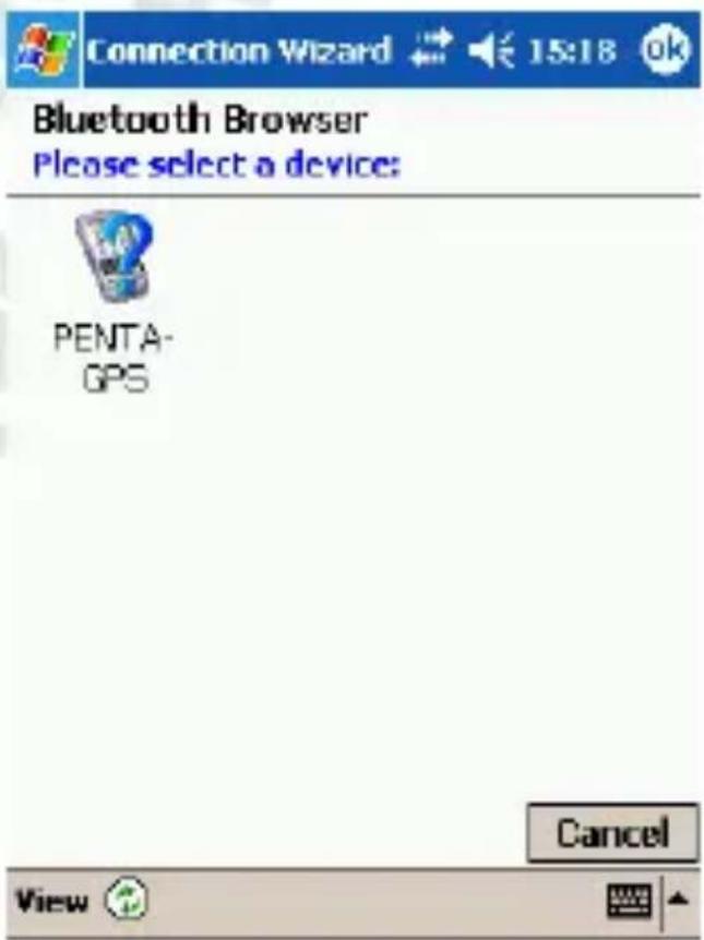 Connection Wizard 15:18 ok Bluetooth Browser Please select a device: PENTA- GPS Cancel View