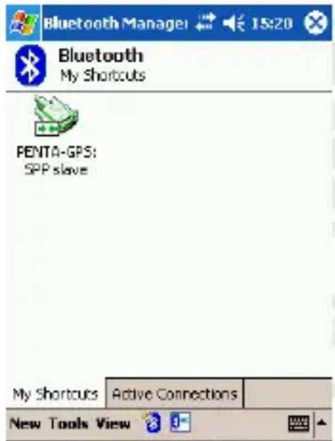 Bluetooth Manager 15:20 Bluetooth My Shortcuts FENTA-GPS: SPP slave My Shortcuts Active Connections New Tools View