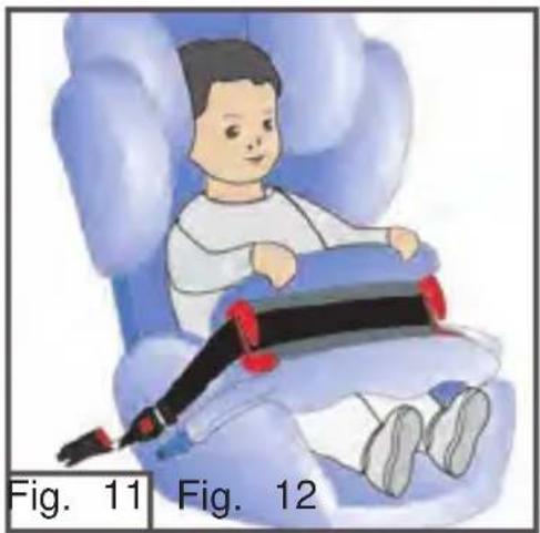 Illustration of a baby wearing a car seatbelt, seated in a blue car seat (no text or symbols on the diagram itself)