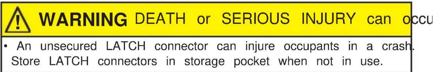WARNING DEATH or SERIOUS INJURY can occu • An unsecured LATCH connector can injure occupants in a crash. Store LATCH connectors in storage pocket when not in use.