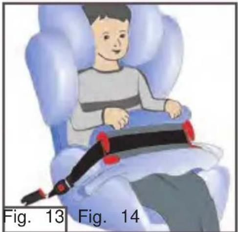 Illustration of a child seated in a car seat with a red belt buckle, labeled Fig. 13 and Fig. 14 (no text on the diagram itself)