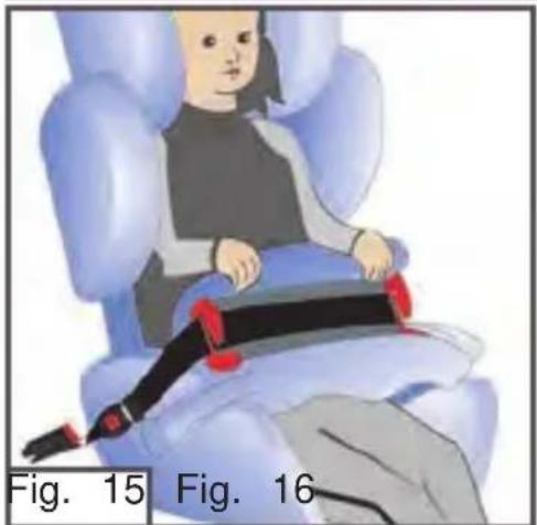 Illustration of a child wearing a car seatbelt, seated in a blue car seat (no text or symbols on the diagram itself)