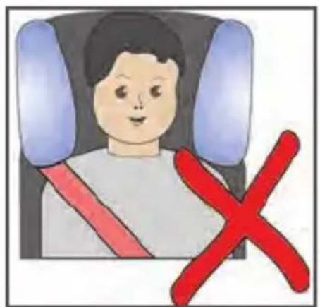 Illustration of a child wearing a car seat with a red X symbol indicating absence or restriction.