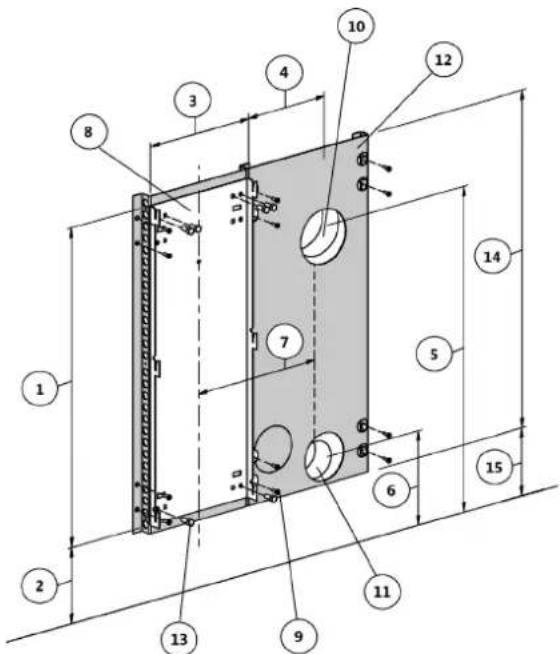 Technical diagram of a modular device with numbered components and dimension annotations