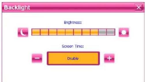 Backlight Brightness: Screen Time: Disable