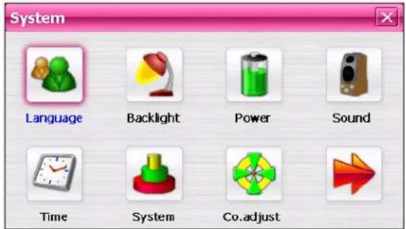 System Language Backlight Power Sound Time System Co.adjust
