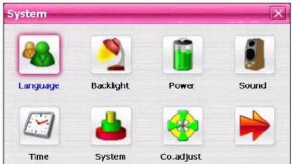 System Language Backlight Power Sound Time System Co.adjust