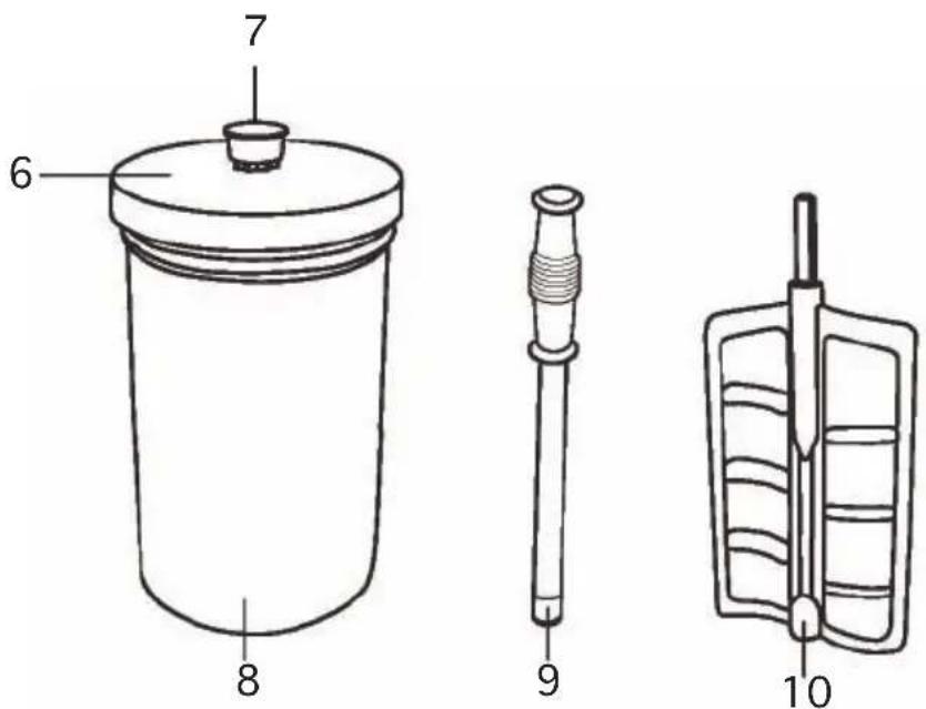 Technical diagram showing labeled components of a mechanical device, including a cylindrical container, a dropper, and a multi-compartment container.