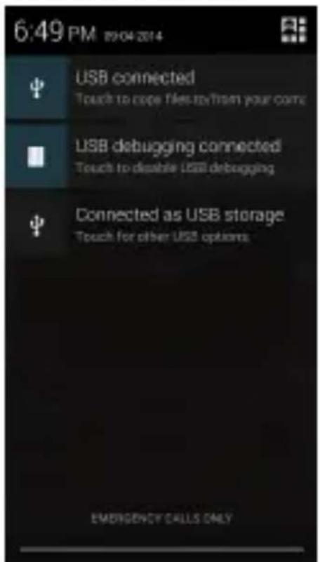 6:49 PM 20/04/2014 USB connected Touch to cope files to/from your coms USB debugging connected Touch to disable USB debugging Connected as USB storage Touch for other USB options EMERGENCY CALLS ONLY