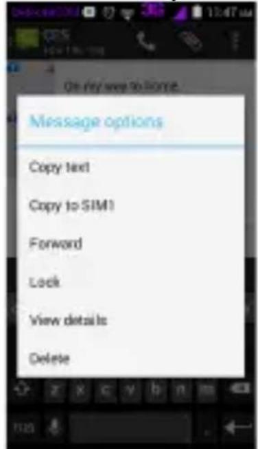 Message options Copy text Copy to SIM1 Forward Lock View details Delete