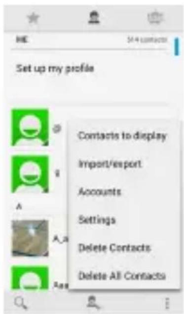 Set up my profile Contacts to display Import/export Accounts Settings Delete Contacts Delete All Contacts