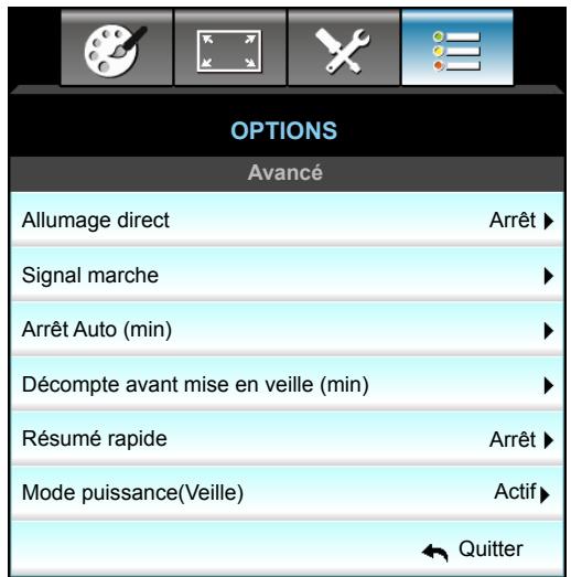 OPTIONS Avancé Allumage direct Arrêt ▶ Signal marche ▶ Arrêt Auto (min) ▶ Décompte avant mise en veille (min) ▶ Résumé rapide Arrêt ▶ Mode puissance(Veille) Actif ▶ ← Quitter