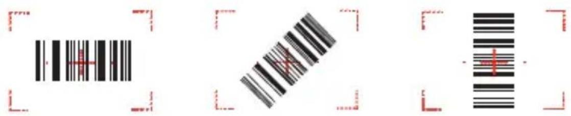 Image displaying three barcode symbols with red cross markers, framed by red corner brackets.