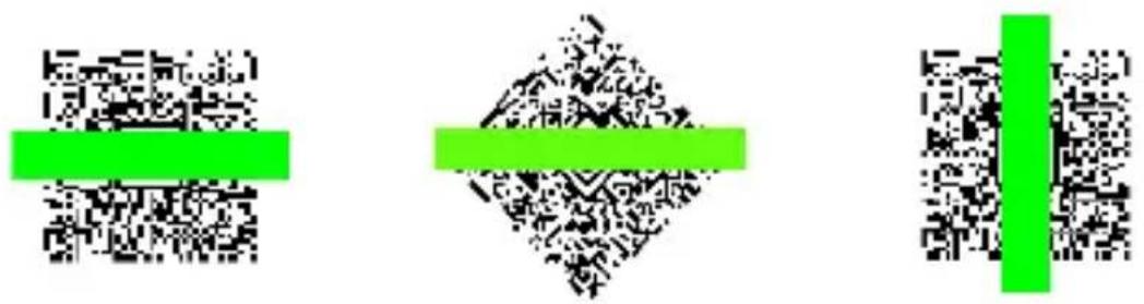 Three green QR codes with varying patterns: a horizontal bar, a diamond shape, and a vertical bar.