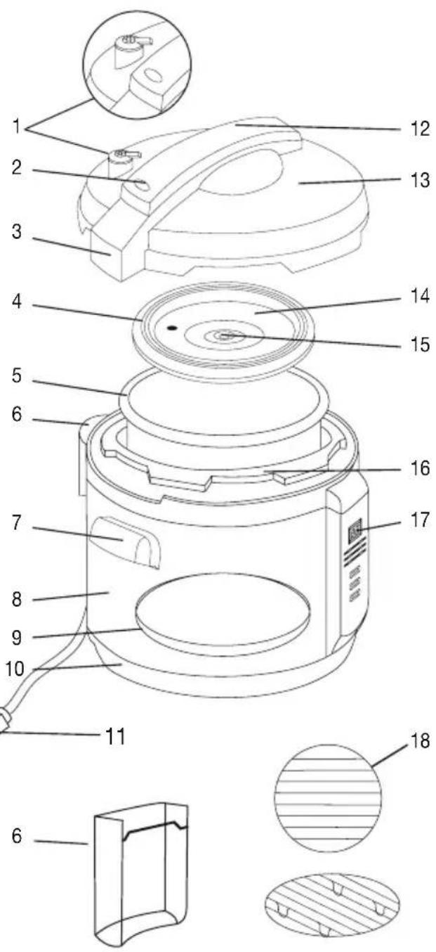 Technical diagram of a rice cooker with numbered parts for identification and assembly reference.