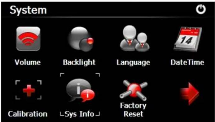 System Volume Backlight Language DateTime Calibration Sys Info Factory Reset