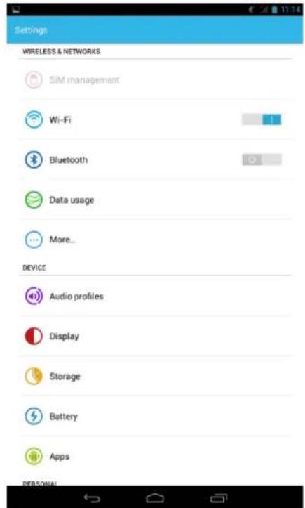 Settings WIRELESS & NETWORKS SIM management Wi-Fi Bluetooth Data usage More... DEVICE Audio profiles Display Storage Battery Apps PERSONAL