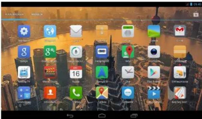 Smartphone home screen displaying app icons with cityscape background and status bar at bottom