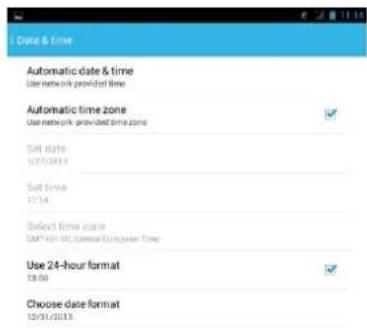 Date & time Automatic date & time Use network provider time Automatic time zone Use network provided time zone Set date: 07/28/2013 Set time: 11:14 Select time zone GMT-01-01 Central European Time Use 24-hour format 19:06 Choose date format 12/01/2013