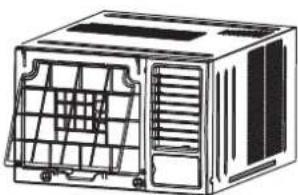Line drawing of a modular air conditioner unit with internal grid structure (no text or symbols)