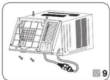 Line drawing of an open air conditioner unit with visible internal grid and wiring (no text or symbols)