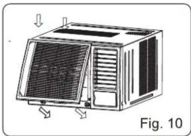 Line drawing of a small air conditioner unit with airflow arrows, labeled Fig. 10 (no text or symbols on the device itself)
