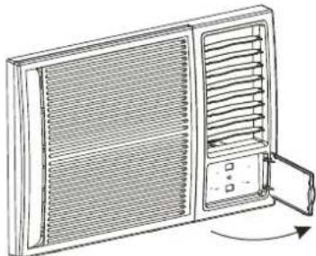 Line drawing of a front panel with ventilation grilles and a door open, showing airflow direction (no text or symbols)
