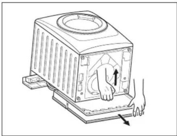 Line drawing of a hand pressing down on a computer casing with an arrow indicating the press direction (no text or symbols).