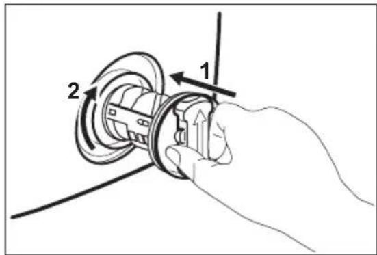 Diagram showing a hand holding a mechanical component with labeled parts 1 and 2, indicating directional movement or assembly.