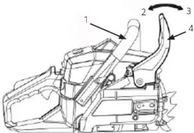 Technical diagram of a mechanical assembly with numbered components and directional arrows indicating motion or movement.