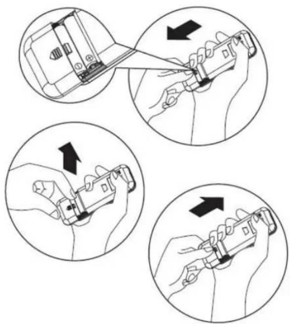 Diagram illustrating four steps of tool manipulation or disassembly, showing hand positioning and tool movement with arrows indicating direction.