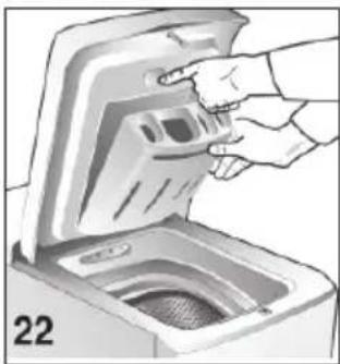 Illustration of a hand placing a small object into a labeled open basin (no text or symbols present)