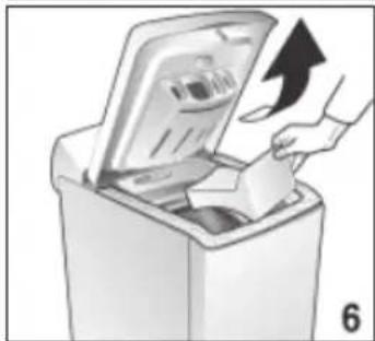Illustration of a hand placing a paper into an open trash bin with a downward arrow indicating waste (no text or symbols)