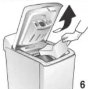 Illustration of a hand inserting a paper into an open trash bin with an upward arrow (no text or symbols)