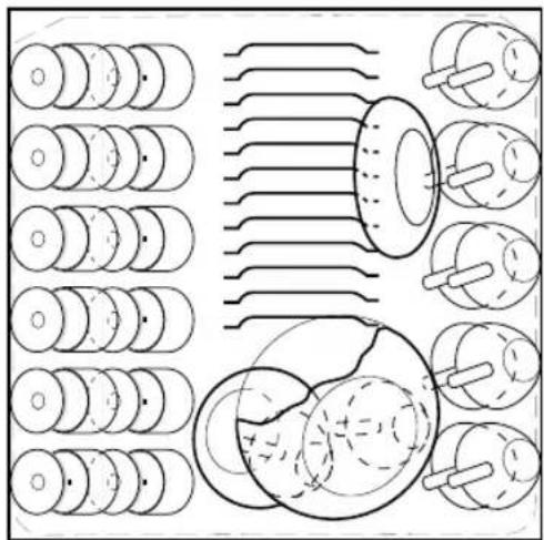 Diagram of mechanical components arranged in rows and columns, showing shafts, gears, and a central circular component (no text or labels)