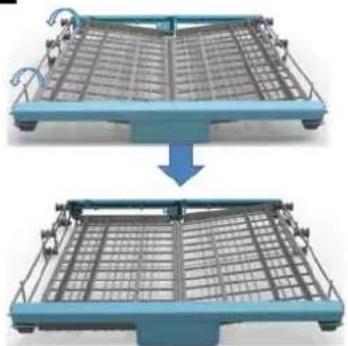 Two views of a blue and gray metal rack system with grid patterns, showing structural changes (no text or symbols)