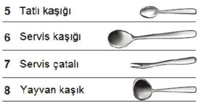 5 Tatlı kaşığı 6 Servis kaşığı 7 Servis çatalı 8 Yayvan kaşık