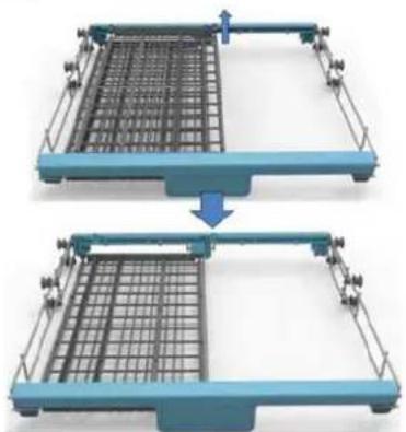 Two blue metal tray structures with grid patterns, one showing a downward arrow (no text or symbols)