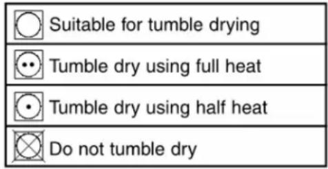 Suitable for tumble drying Tumble dry using full heat Tumble dry using half heat Do not tumble dry