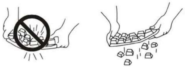 Illustration showing a hand holding a container with a prohibition symbol and another hand holding a tray of small blocks, indicating food safety or storage.