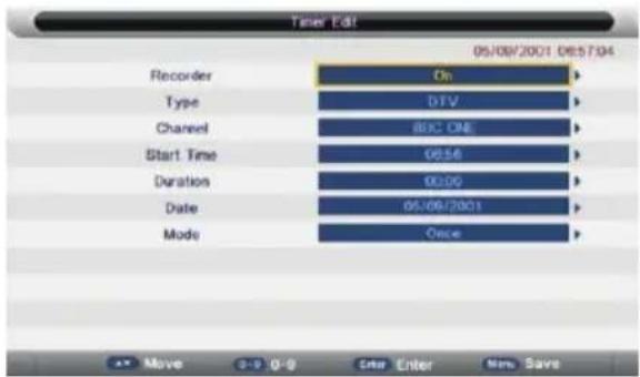 Timer Edit 05/08/2001 06:57:04 Recorder On Type DTV Channel 80C ONE Start Time 08:56 Duration 00:00 Date 05/08/2001 Mode Once