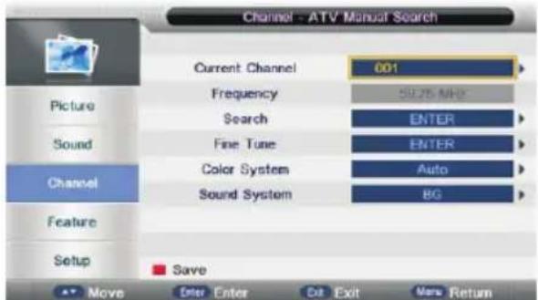 Channel - ATV Manual Search Current Channel 001 Frequency 59.25 MHz Search ENTER Fine Tune ENTER Color System Auto Sound System BG Feature Setup Save Move Enter Enter Cut Exit More Return