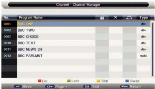 Channel - Channel Manager No. Program Name Type 0001 BBC ONE dtv 0002 BBC TWO dtv 0007 BBC CHOICE dtv 0010 BBC TEXT dtv 0011 BBC NEWS 24 dtv 0012 BBC PARLMNT radio Del Lock Skip Swap Move Cit+ Page + - Ext Exit Menu Return