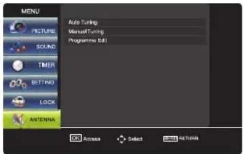 MENU Picture Sound Timer SETTING LOCK ANTENNA Auto Tuning Manual Tuning Programme Edit OK Access Select RETURN RETURN