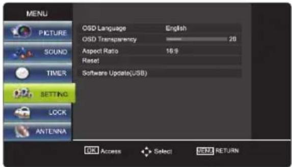 MENU OSD Language English OSD Transparency 20 Aspect Ratio 16.9 Reset Software Update(USB) SETTING LOCK ANTENNA OK Access Select Next RETURN