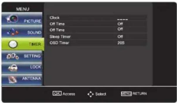 MENU PICTURE SOUND TIMER SETTING LOCK ANTENNA Clock Off Time Off Off Time Sleep Timer OSD Timer 20S OK Access Select RESET RETURN