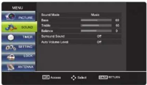 MENU PICTURE SOUND TIMER SETTING LOCK ANTenna Sound Mode Music Bass 60 Trottle 65 Balance 0 Surround Sound OFF Auto Volume Level OFF OK Access Select PRINT RETURN
