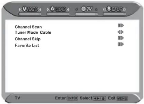 CHANNEL SCAN Tuner Mode Cable CHANNEL SKIP Favorite List TV Enter ENTER Select Exit MENU