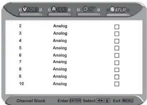 VIDEO AUDIO CTV SETUP 2 Analog 3 Analog 4 Analog 5 Analog 6 Analog 7 Analog 8 Analog 9 Analog 10 Analog Channel Block Enter ENTER Select Exit MENU
